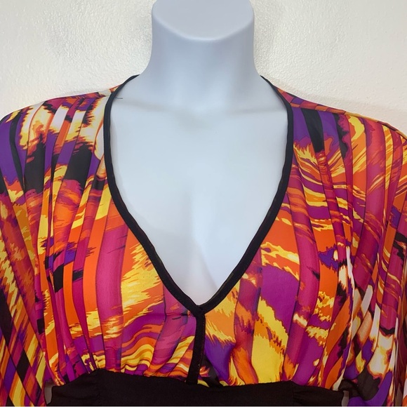 Vtg 90s Top Blouse Woman Large Colorful Empire Waist Tie Semi Sheer Boho Mod 70 - Picture 3 of 9